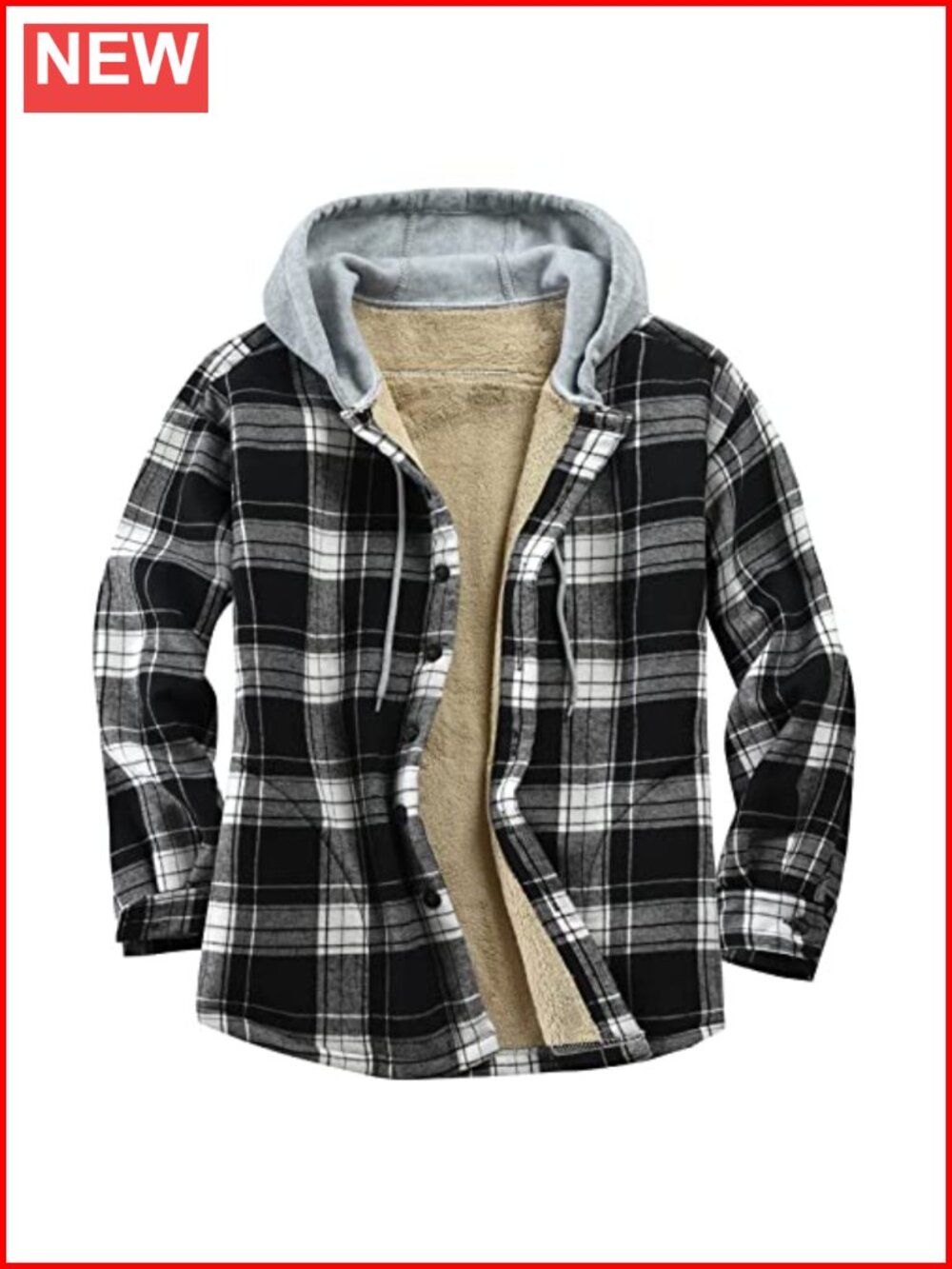 Mens Cotton Plaid Flannel Shirt Jacket Sherpa Lined Hooded Button Down